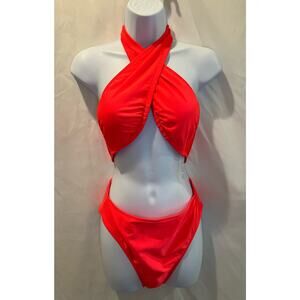 Wild Fable Coral/Orange One Piece Cross Front Halter Swimsuit - NWOT - Size M